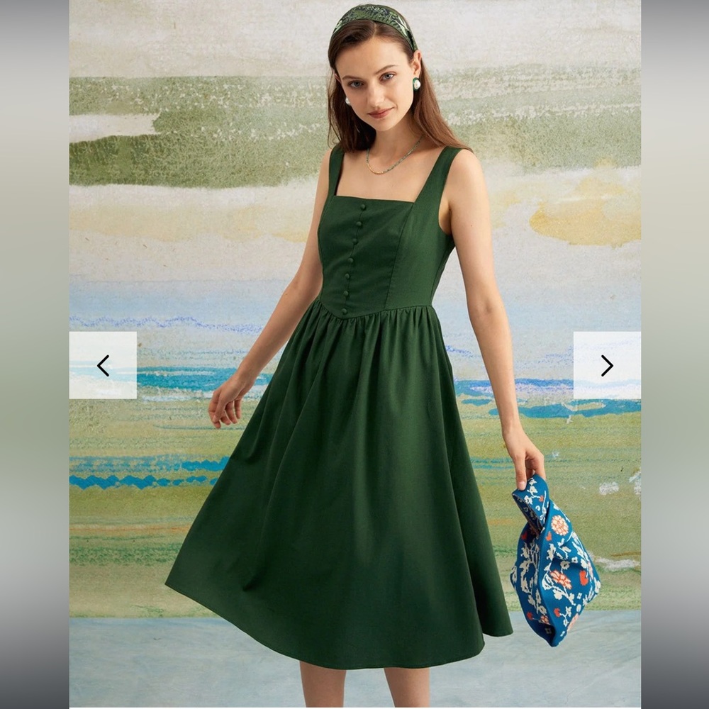 RIHOAS Green Square Neck A-Line Dress